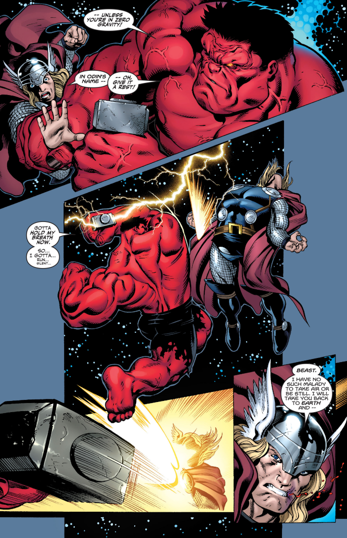 Hulk Rosso usa il martello di Thor contro di lui