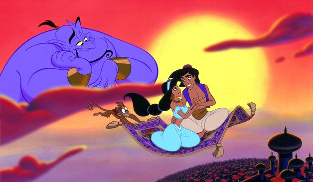 Aladdin e Jasmine sul tappeto sorvegliati dal genio e abu