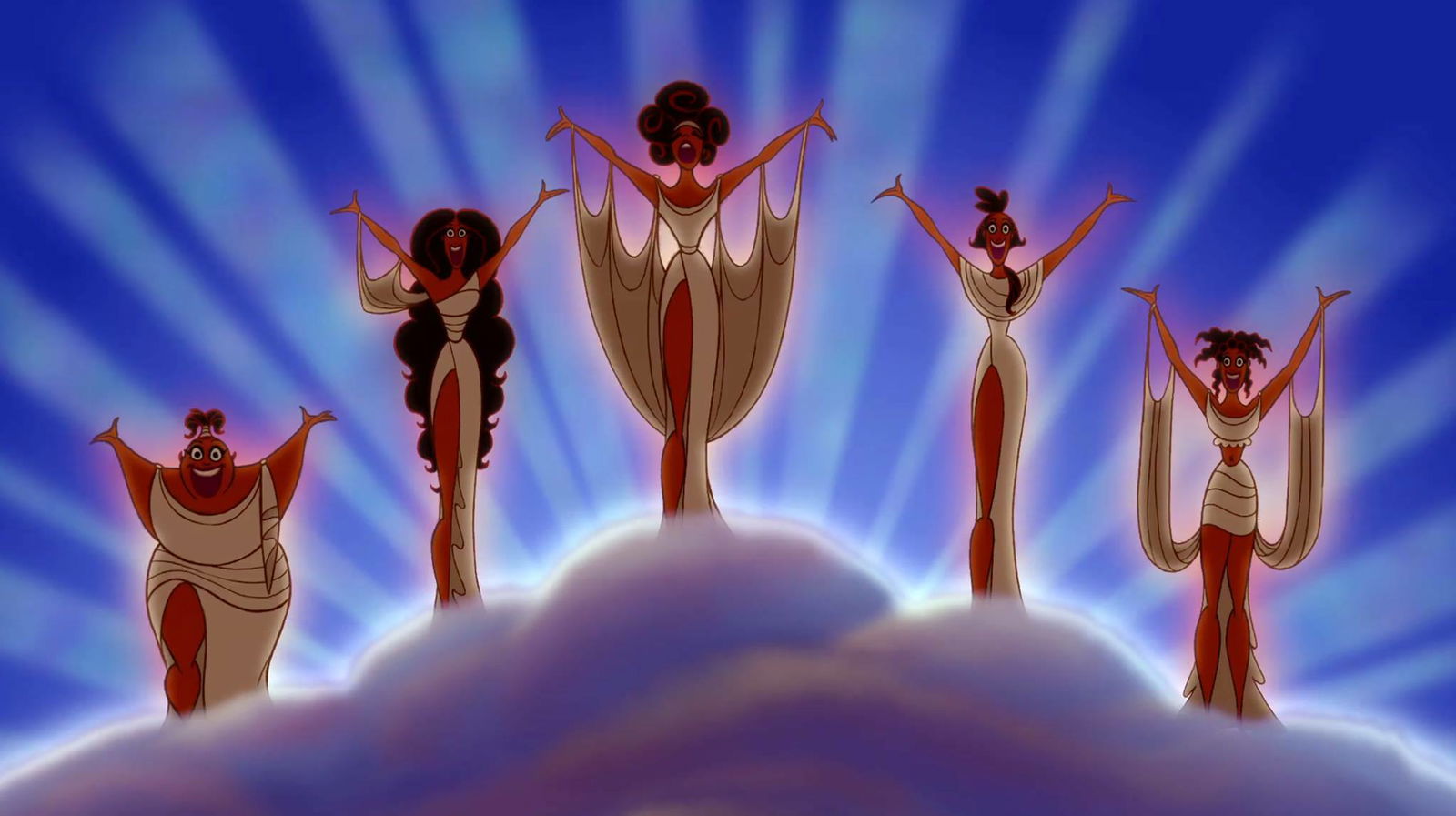 Clicca per vedere l'immagine originale Le Muse narratrici della versione animata di Hercules