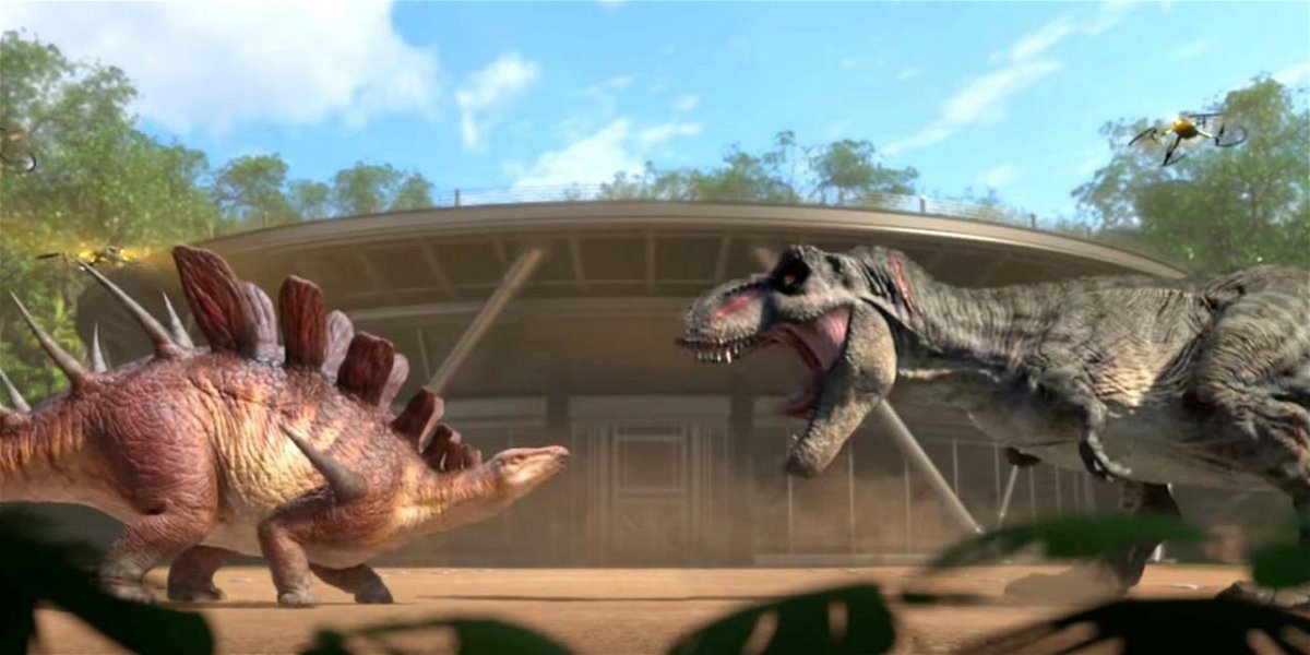 Μια σκηνή από το Jurassic World - New Adventures 4, ο Pierce and the T-Rex αναγκάζονται να πολεμήσουν