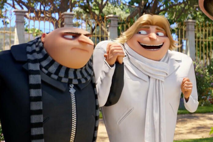 Irritated Gru holds the hand of a very excited Dru in Despicable Me 3