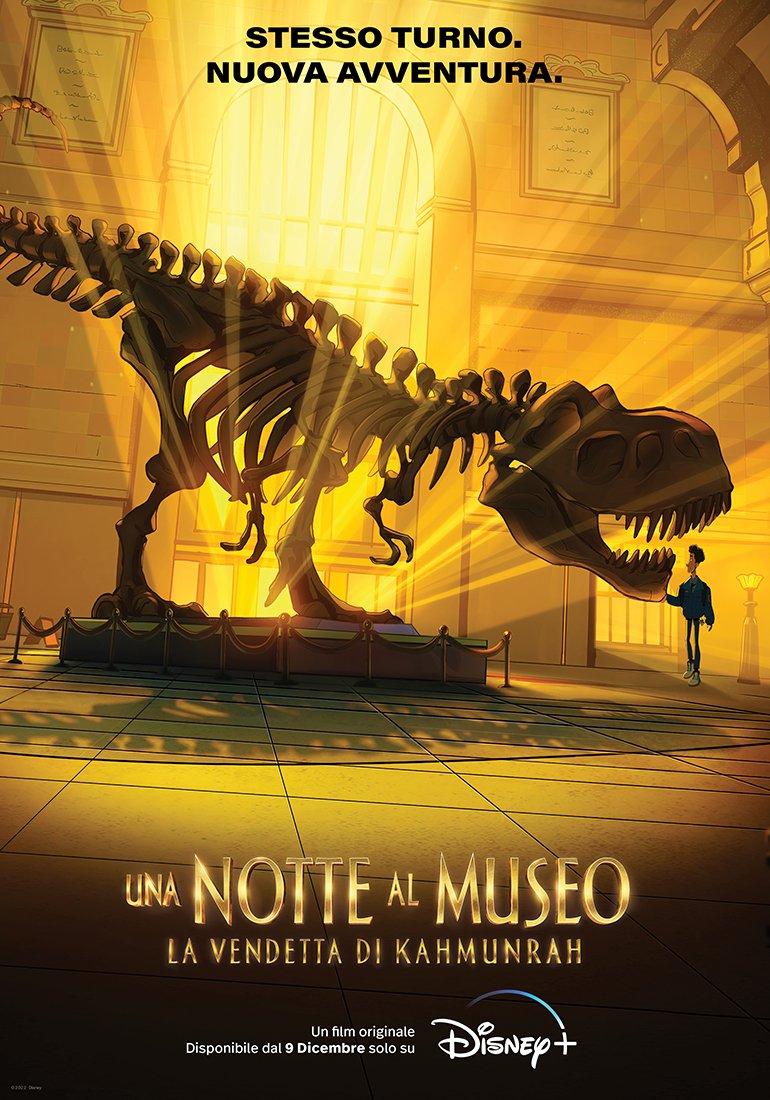 Isang Gabi sa Museo: Poster ng Kahmunrah's Revenge, isang dilaw na ilaw ang nagpapaliwanag sa T-Rex skeleton