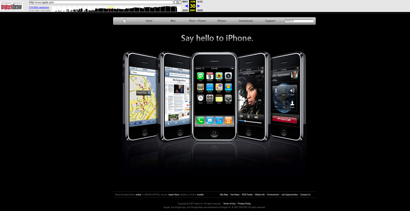 Il sito di Apple nel 2007 grazie alla Wayback Machine La home del sito di Apple del 30 giugno 2007