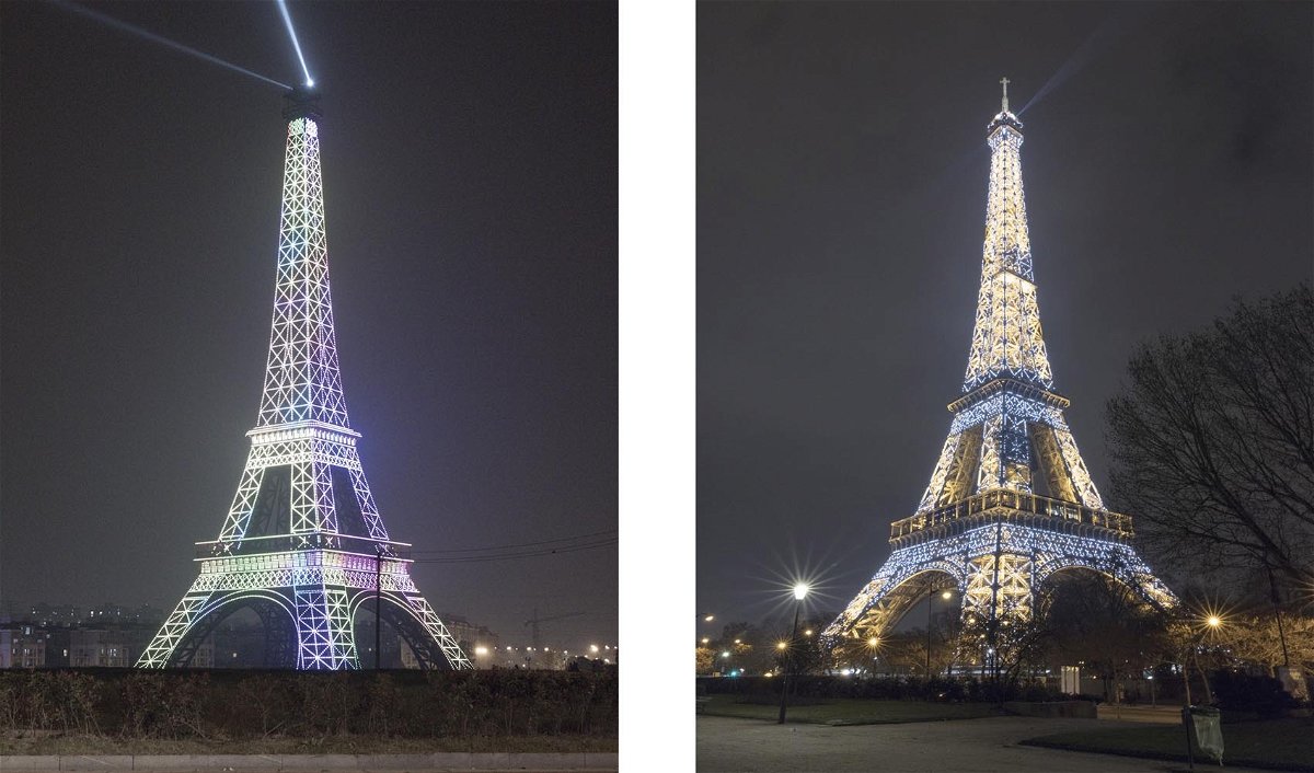 Confronto fotografico tra la Tour Eiffel a Tianducheng (sinistra) e a Parigi (destra)