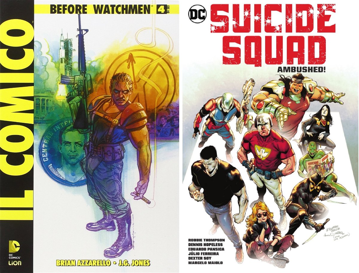 Il Comico (Watchmen) e Peacemaker a confronto in due copertine.