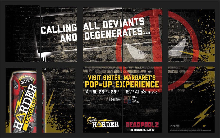 Dettagli della locandina di Mike's Harder che svela le date dell'apertura dei due pop-up bar, uno a New York e uno a Los Angeles, a tema Deadpool