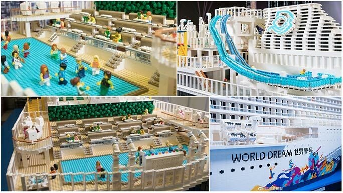 Alcuni dettagli dell'imponente costruzione della nave da crociera World Dream con i mattoncini LEGO 