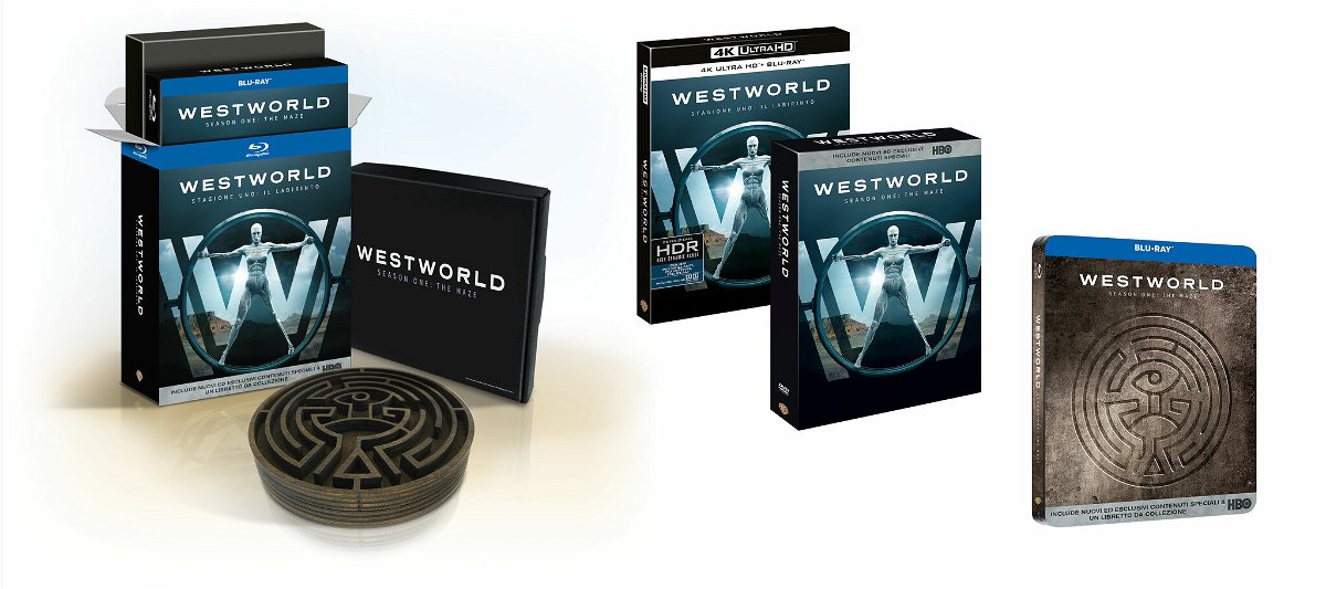 Quattro dei cinque cofanetti Home Video italiani di Westworld