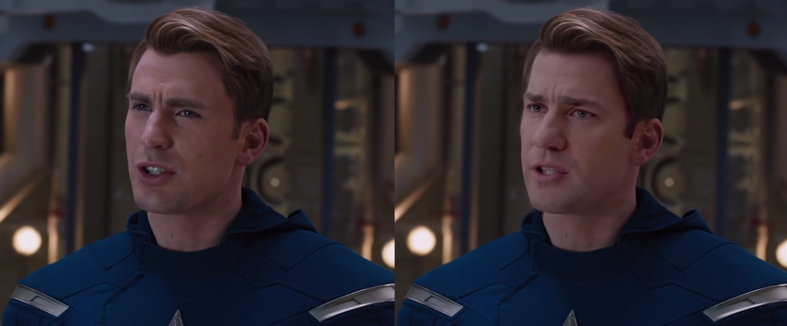 Clicca per vedere l'immagine originale John Krasinski nel ruolo di Steve Rogers a confronto con l'interpretazione di Chris Evans