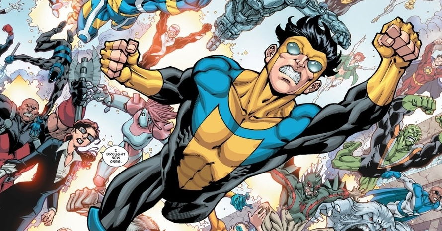 Una vignetta dei fumetti Invincible Invincible sta volando nel cielo, inseguito da amici e nemici