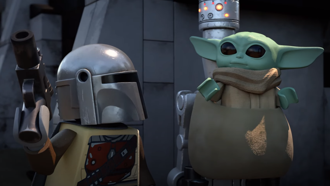 Mando (sinistra) e Baby Yoda (destra) in una scena di LEGO Star Wars Christmas Special