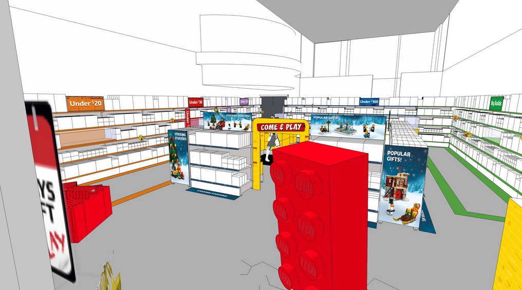 Dettagli di uno dei progetti degli interni dei pop-up LEGO Store