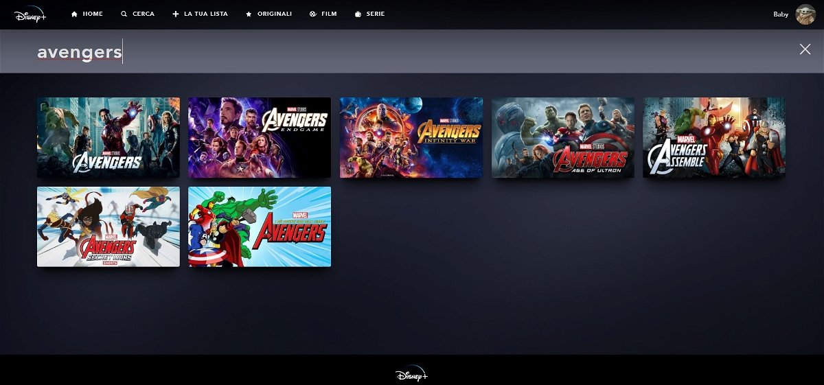 La ricerca del titolo Avengers sulla piattaforma Disney+