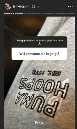 La risposta affermativa di James Gunn (Yes) alla domanda di un utente Instagram (Qualcuno morirà in GOTG 3?))