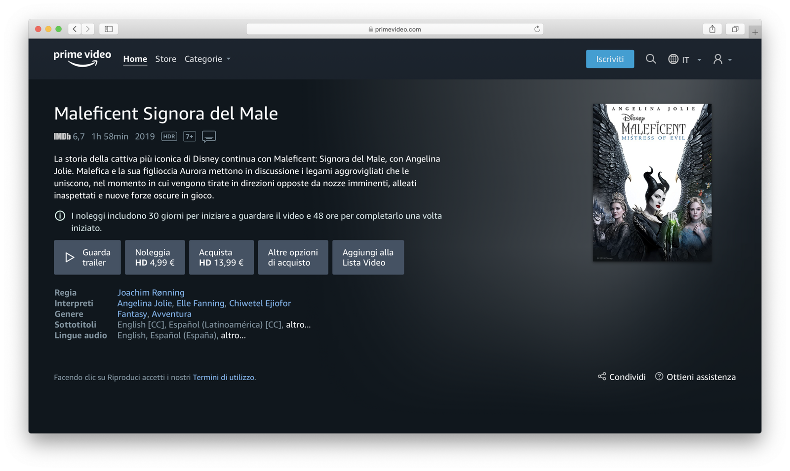 Clicca per vedere l'immagine originale La scheda di Maleficent Signora del Male su Amazon Prime Video Store
