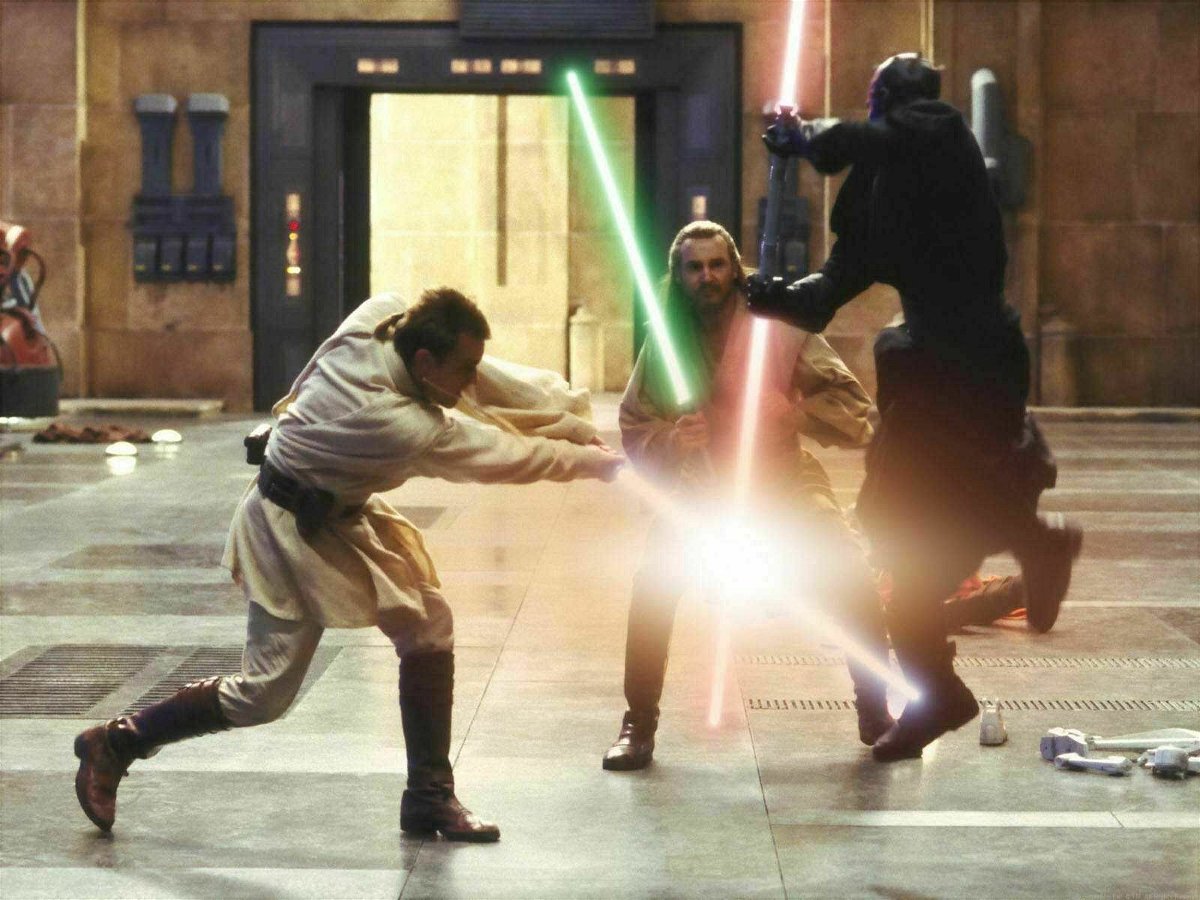Il duello di Qui-Gon Jinn e Obi-Wan Kenobi contro Darth Maul in La minaccia fantasma