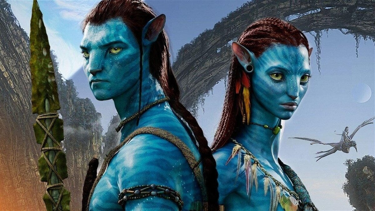 Jake in his avatar and Neytiri, side by side, with the sky and nature of Pandora as a backdrop