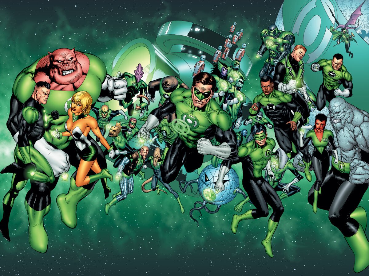 Illustrazione di Hal Jordan (al centro) e il Corpo delle Lanterne Verdi