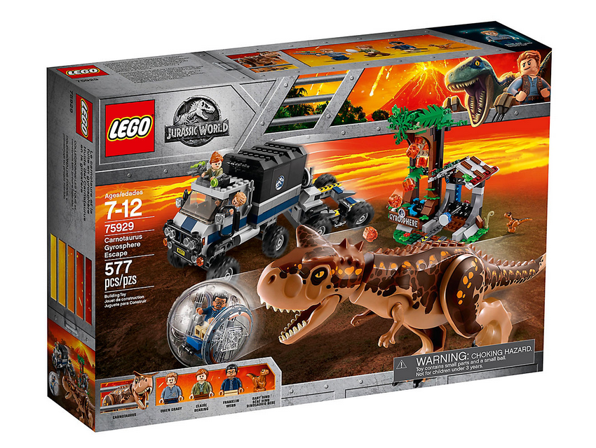 Dettagli del box del set LEGO Fuga dal Carnotaurus sulla girosfera 