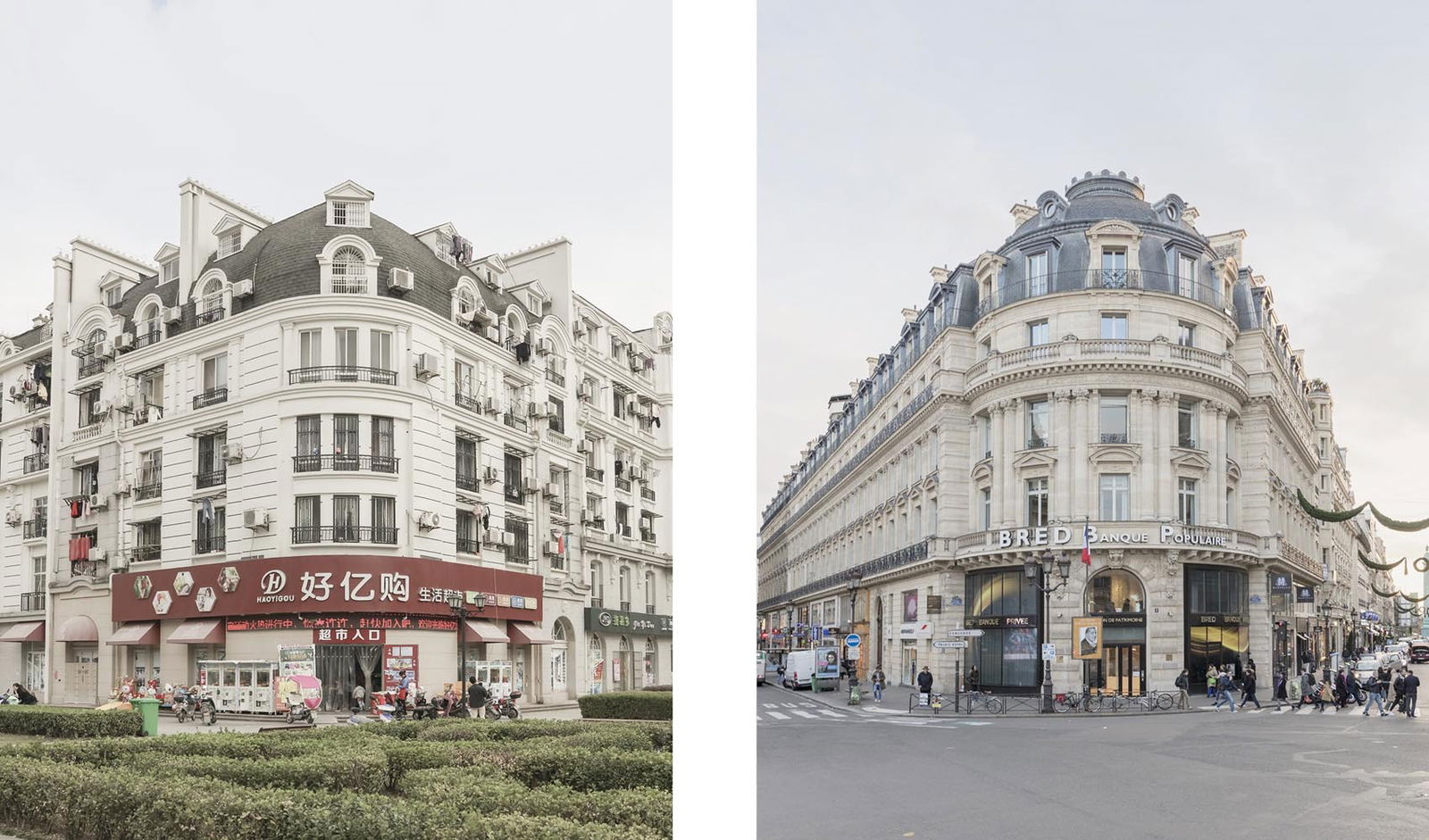 Clicca per vedere l'immagine originale La facciata di un palazzo a Tianducheng (sinistra) su ispirazione di quello di Parigi (destra) negli scatti di François Prost