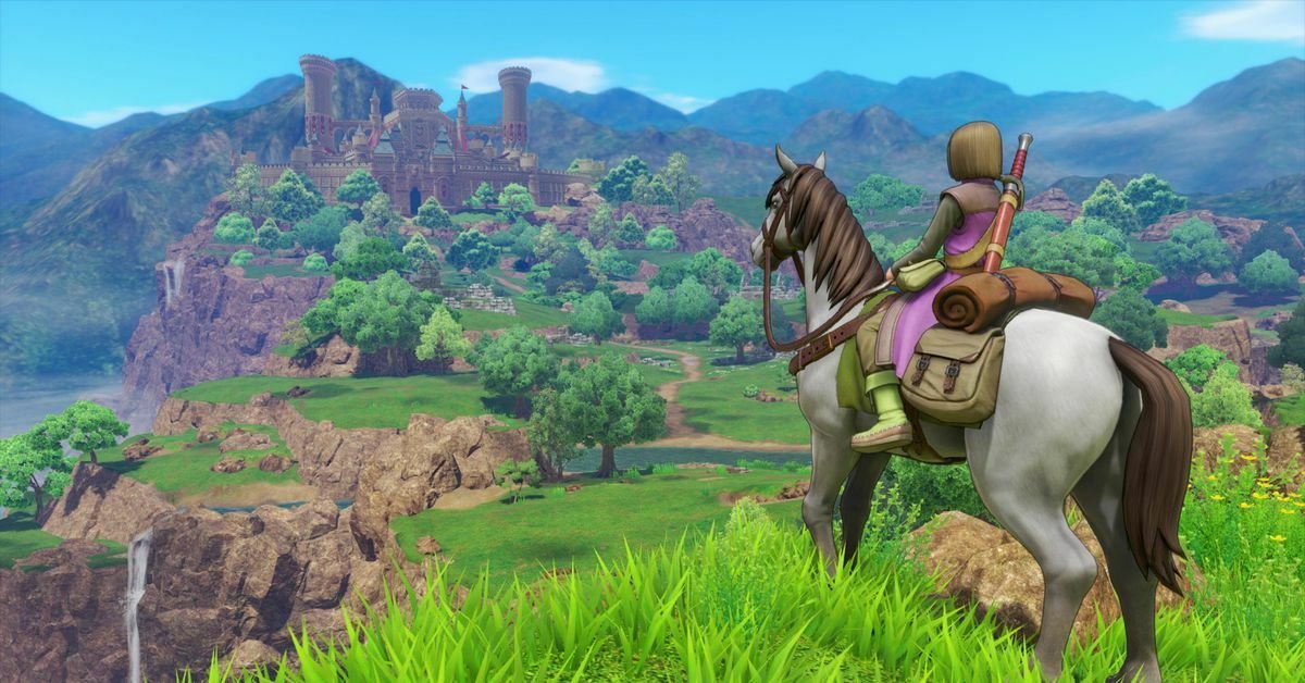 Il protagonista di Dragon Quest XI a cavallo