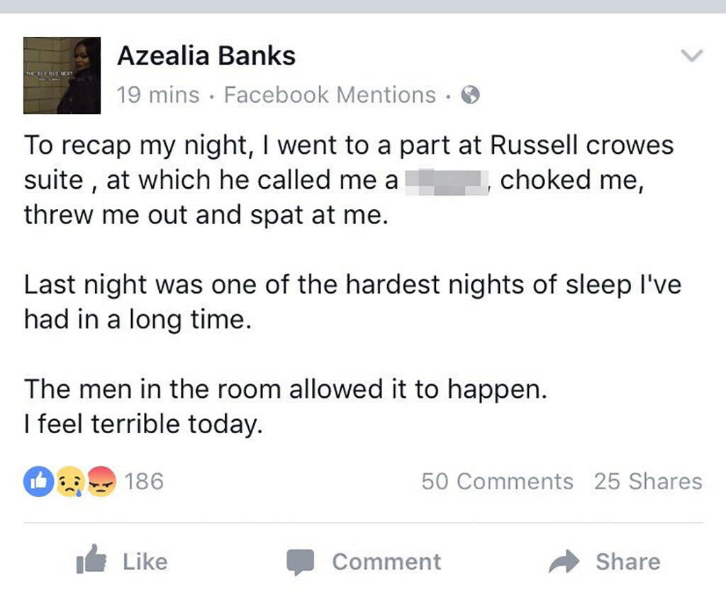Azealia Banks accusa Russell Crowe su Facebook Azealia Banks accusa Russell Crowe di violenza su Facebook