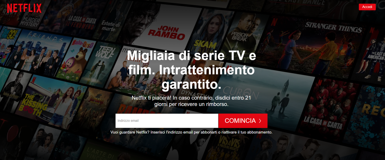 Clicca per vedere l'immagine originale Screen della landing page di Netflix a giugno 2020
