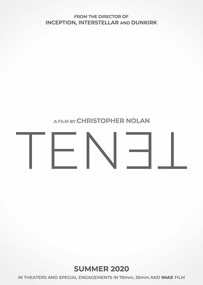 Il poster bianco del nuovo film di Nolan su cui campeggia il titolo Tenet
