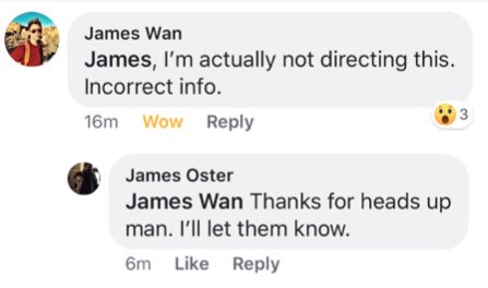 Lo screenshot del messaggio su Facebook di James Wan a proposito del fatto che non dirigerà la serie TV basata su So cosa hai fatto