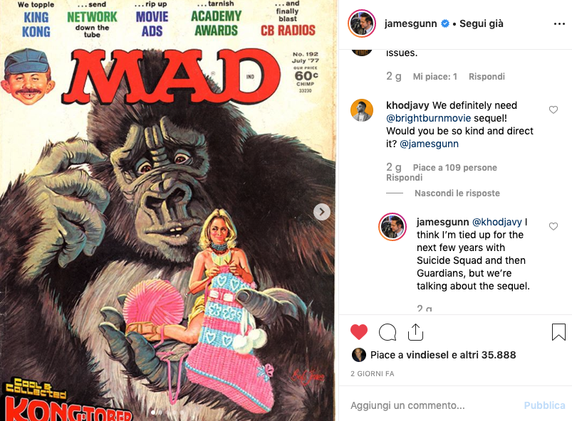 Clicca per vedere l'immagine originale A sinistra l'immagine di una delle cover del magazine Mad, a destra domanda e risposta tra un fan e James Gunn a proposito del sequel del film L'angelo del male - Brightburn