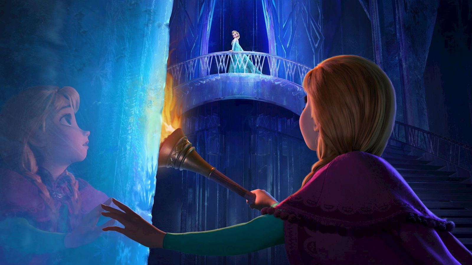 Clicca per vedere l'immagine originale Un'immagine di Frozen - Il regno di ghiaccio con Anna che trova sua sorella Elsa al palazzo di ghiaccio