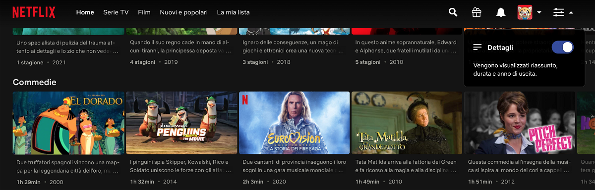 Home Page di Netflix con i dettagli dei titoli attivi