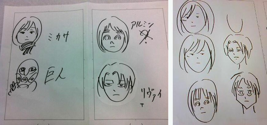 Mikasa, Armin, un gigante, Levi ed Eren negli schizzi di Isayama