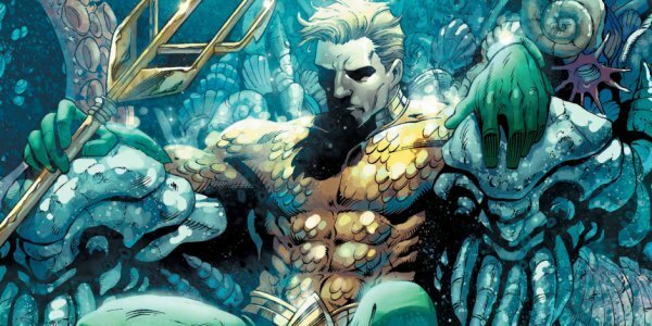 Disegno di Aquaman seduto su un trono sottomarino, con un tridente in mano
