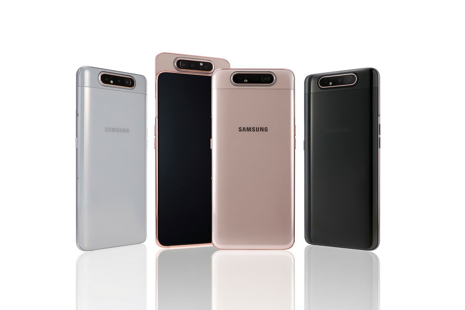 Il Samsung Galaxy A80 arriverà in Bianco, Oro e Nero Le tre colorazioni del Samsung Galaxy A80 in un'immagine stampa