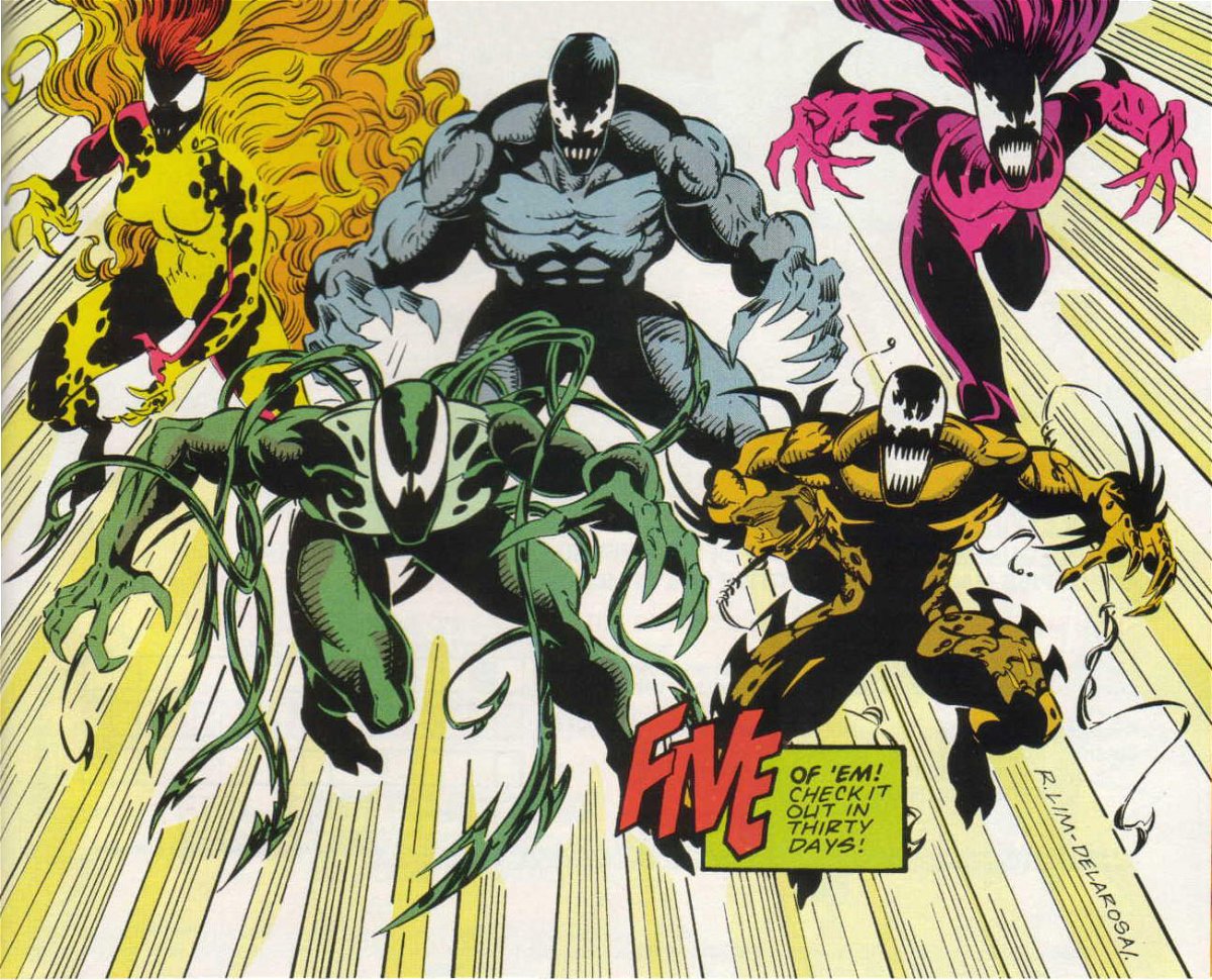 I cinque letali simbionti progenie di Venom in una tavola di Protettore Letale
