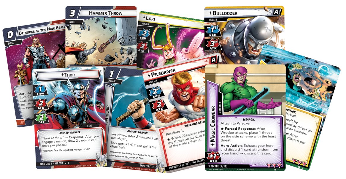 Alcune carte dei pack dedicati alla Squadra Distruttrice e a Thor di Marvel Champions
