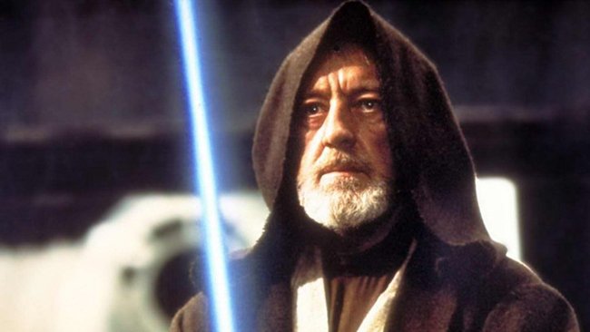 Un'immagine che vede Alec Guinness nei panni di Obi-Wan Kenobi