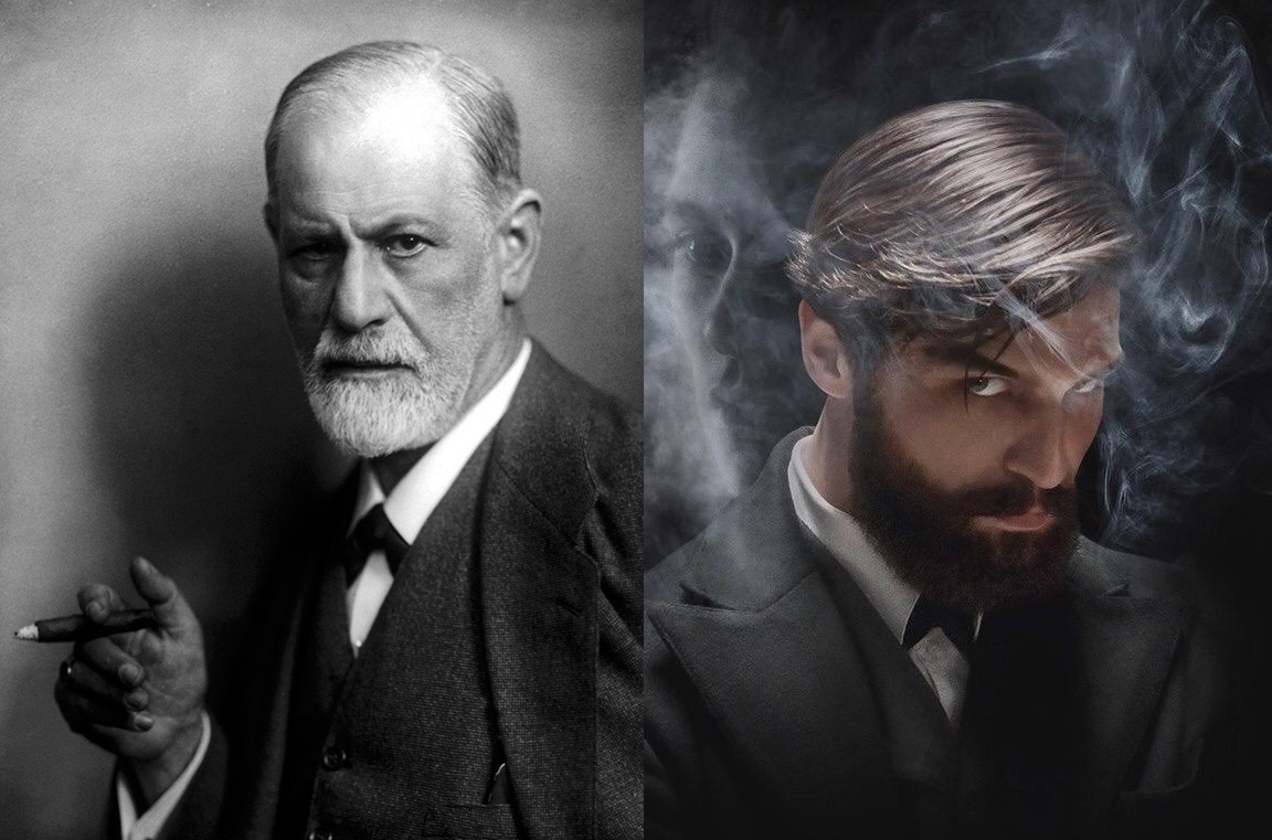 Freud in una foto del 1922 e il protagonista della serie Netflix circondato dal fumo del sigaro