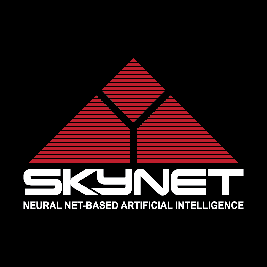 Il logo rosso di Skynet, su base nera, composto da tre immagini geometriche che compongono una piramide