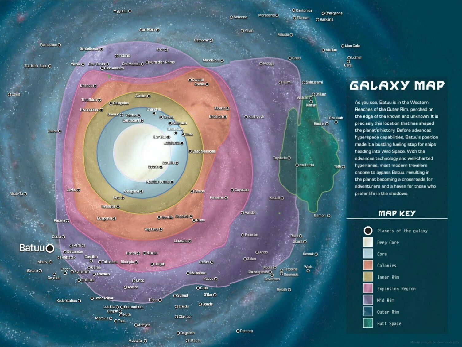 Clicca per vedere l'immagine originale I pianeti della Galassia di Guerre Stellari segnati in una mappa