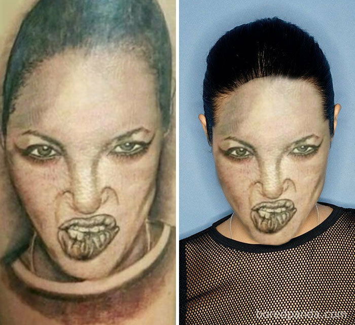 Clicca per vedere l'immagine originale Face-swape su tatuaggi eseguiti male: il volto di Angelina Jolie