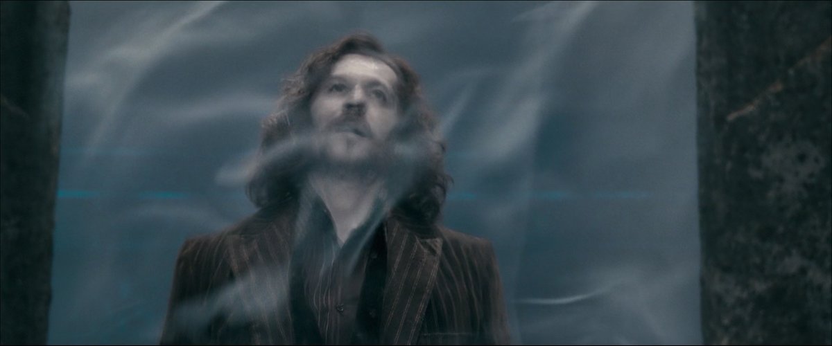 Sirius, colpito da Bellatrix, cade oltre un velo al Dipartimento Misteri