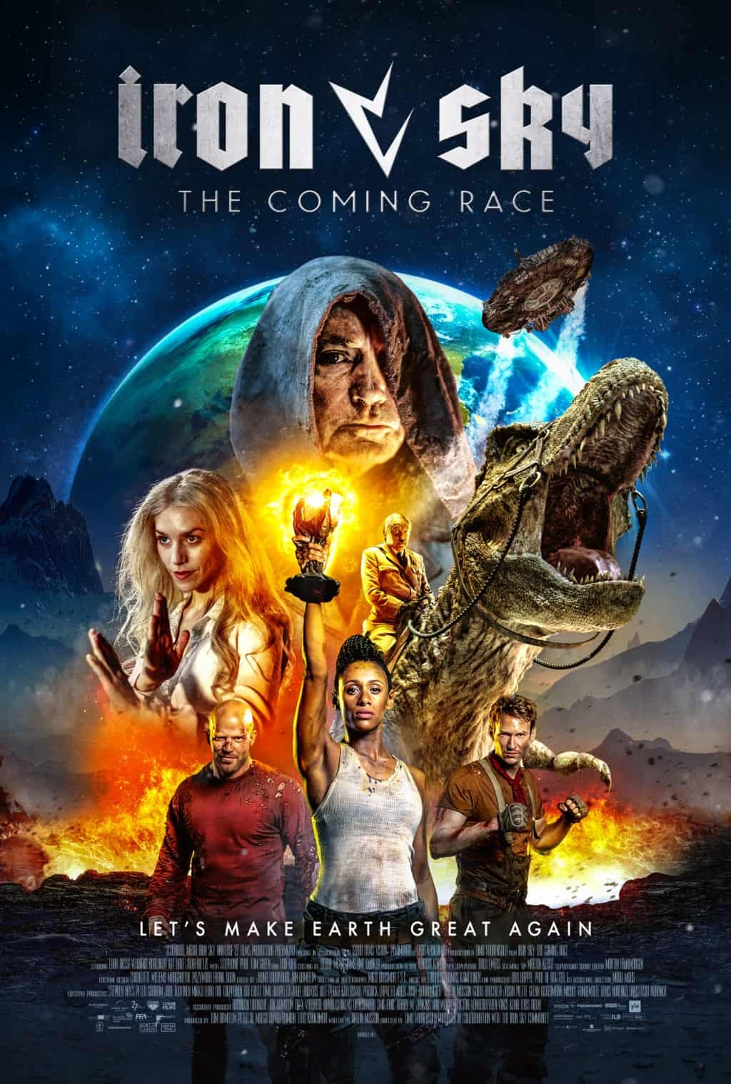 Clicca per vedere l'immagine originale Il poster di Iron Sky: The Coming Race presenta i protagonisti e sullo sfondo Hitler zombie su un T-Rex