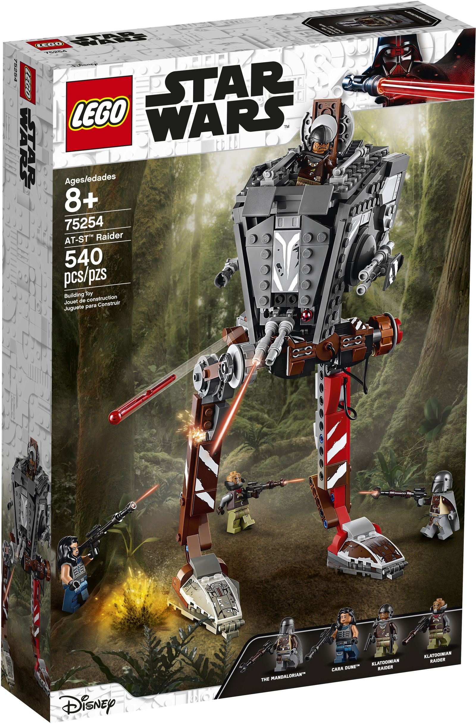 Clicca per vedere l'immagine originale Nel box LEGO, i protagonisti di The Mandalorian lottano contro un AT-ST