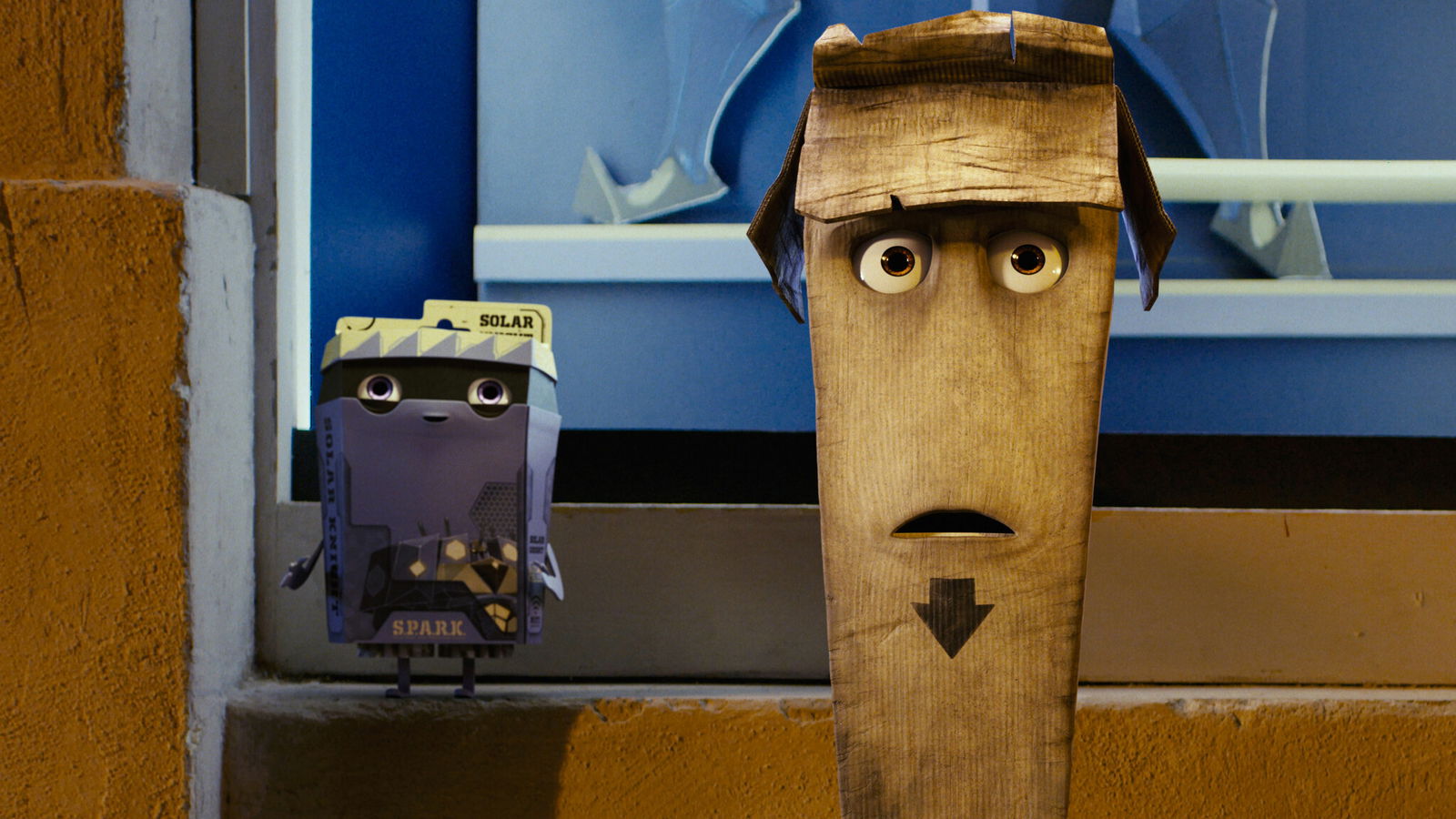 Click para ver la imagen original Spark y Slim en una escena de la película de animación Trash