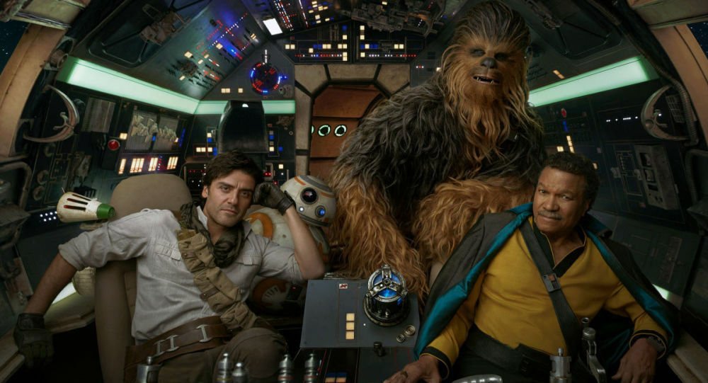 Un'immagine di D-O, Poe Dameron, Lando Calrissian, Chewbacca e BB-8