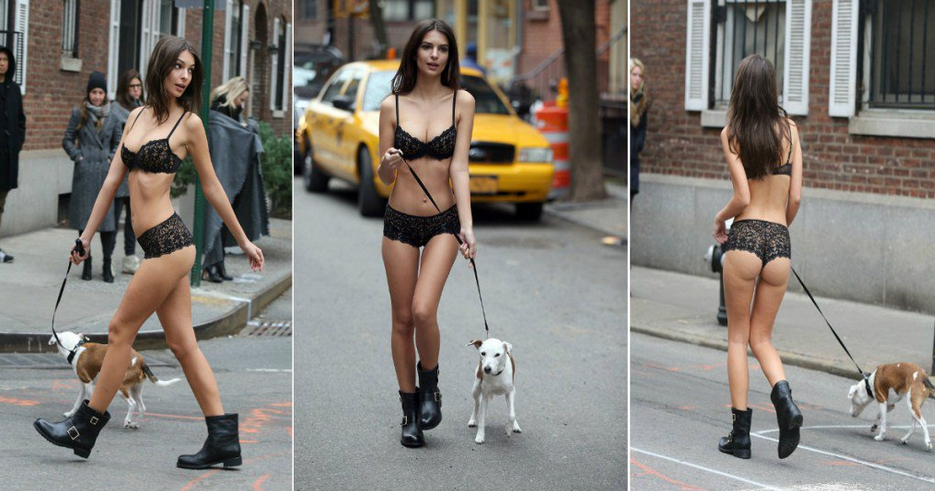 Collage delle pose di Emily Ratajkowski in intimo in giro per New York