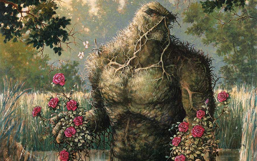 Mezzobusto disegnato di Swamp Thing, in mezzo alla palude e con fiori tra le mani
