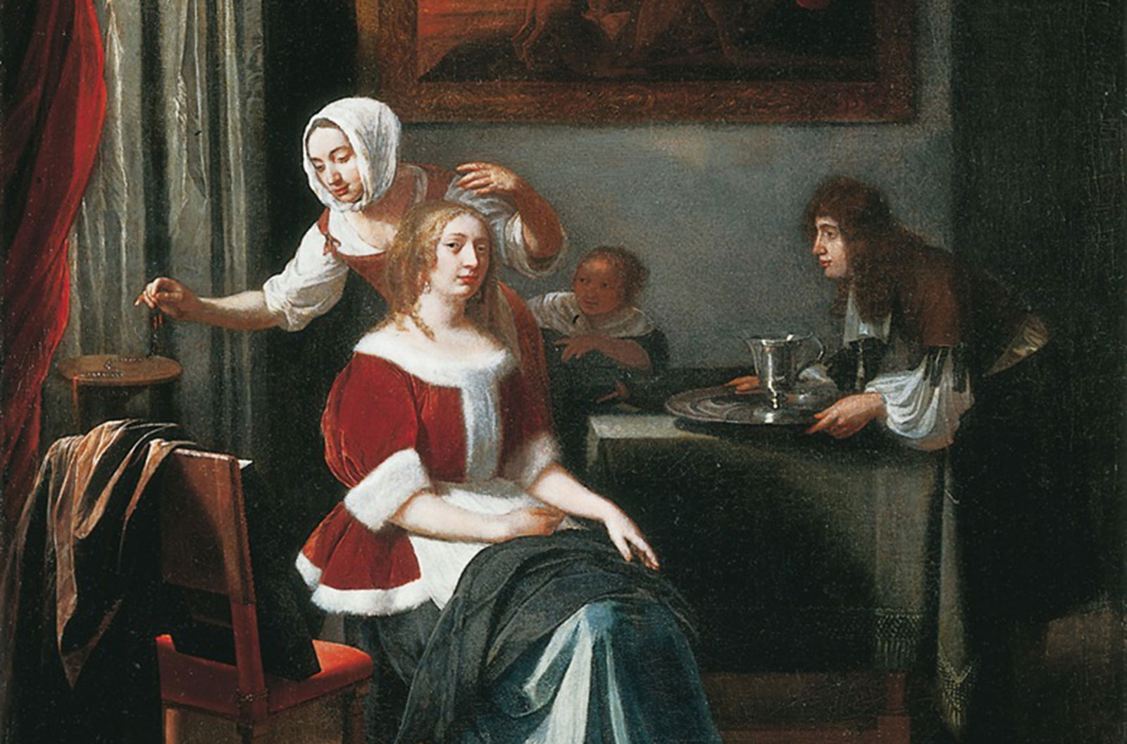 Clicca per vedere l'immagine originale Una donna seduta con due serve